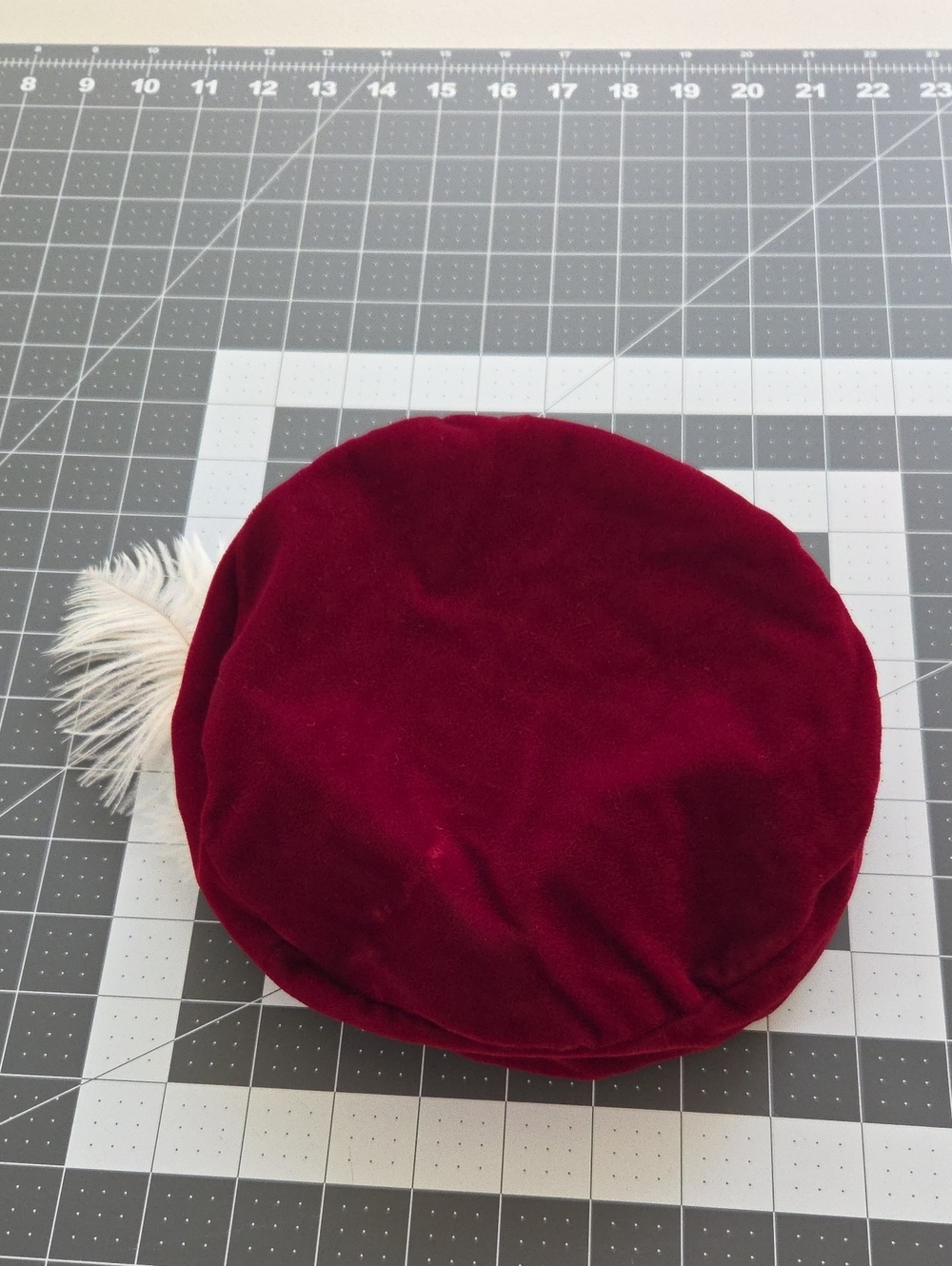 Burgundy Velvet Round Hat with Feather